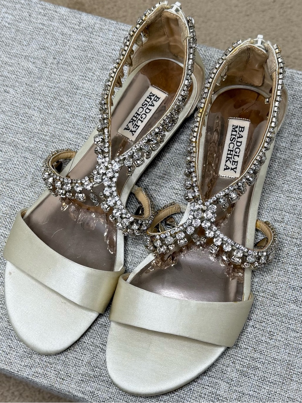 Badgley Mischka Crystal Embellished Ivory Satin Sandals Wedding Formal